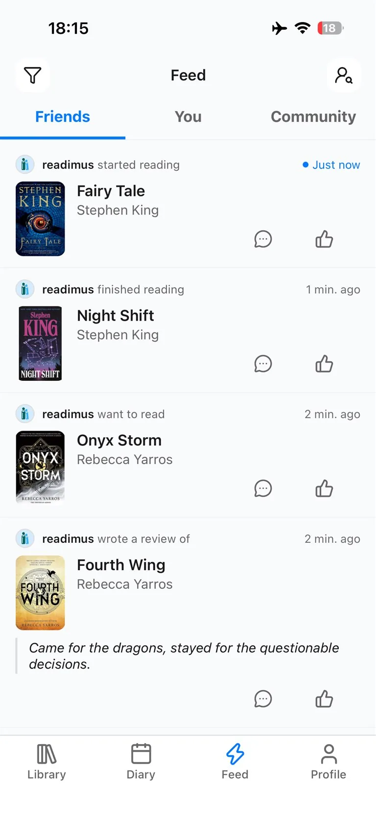 A Readimus feed showing friends' reviews and reading activity