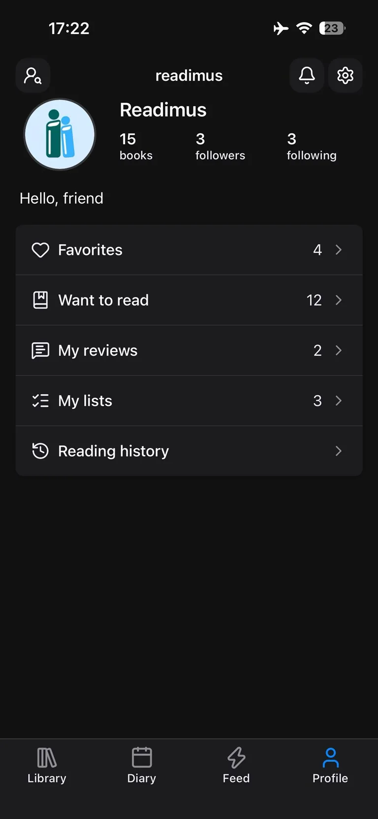 Readimus reader profile in dark mode